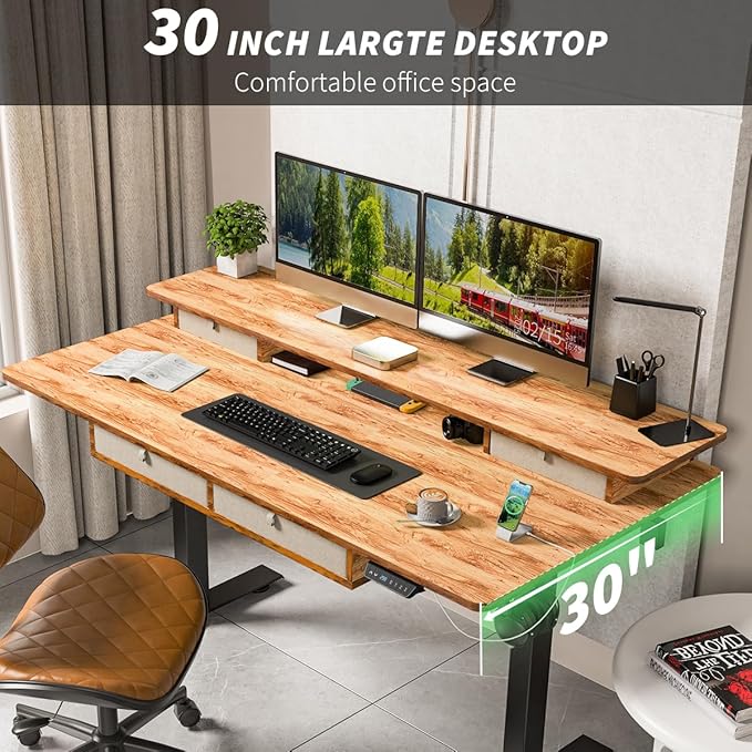 Kingant 55 x 30 Inch Electric Standing Desk with 4 Drawers, Adjustable Height Computer Desk for Home Office, Large Workstation Sit Stand Up Desk with Built-in USB A/C Ports, Light Rustic Brown