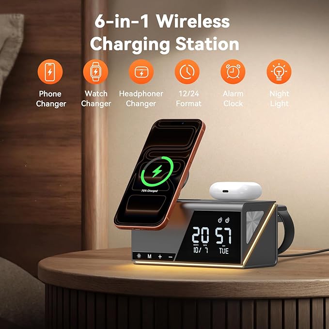 TobenONE 6-in-1 Alarm Clock Wireless Charging Station for Apple Devices, Night Light, Nightstand, MagSafe Magnetic Phone Charger, Fast Charging for iPhone 17 16 15 14 13 Pro Max, Apple Watch, AirPods