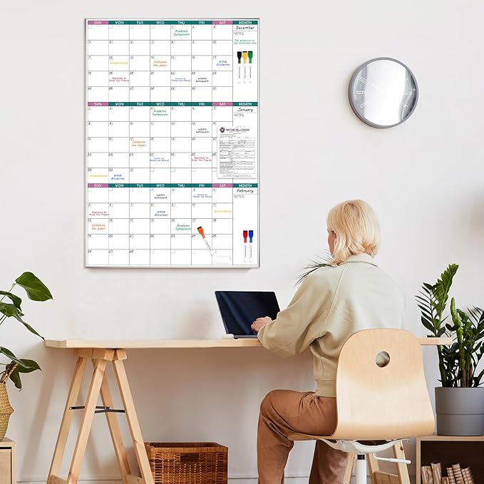ARCOBIS 3-Month Dry Erase Calendar for Wall, 39"x28" Magnetic Whiteboard Calendar with Silver Aluminum Frame, Monthly Calendar Board for Office, Home, School