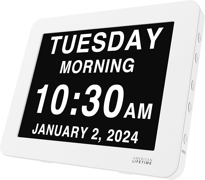 American Lifetime New 2026 Dementia Clock Large Digital Clock for Seniors, Alzeimer Clock Large Display with Custom Alarms, Clock with Day & Date for Elderly, Digital Calendar Premium White Pro