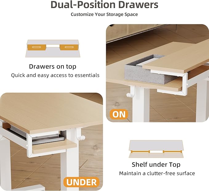 Claiks Electric Standing Desk with 2 Drawers, Adjustable Standing Desks with Storage, Height Adjustable Stand up Desk for Home Office with 2 Hooks,48 Inch Natural