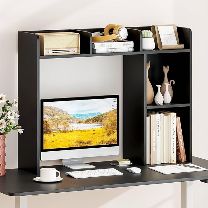 Tangkula Desktop Bookshelf, Countertop Storage Hutch with Shelves for Computer Desk, Desk 3-Tier Display Rack, Multipurpose Wood Desktop Hutch Storage Organizer for Dorm Office (Black,5 Shelves)
