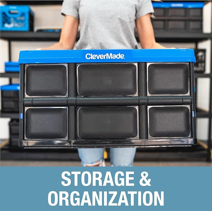 CleverMade Collapsible Storage Bins - Royal Blue 3 Pack 46L - Stackable Containers Heavy Duty Capacity Folding Crates - Space-Saving for Home
