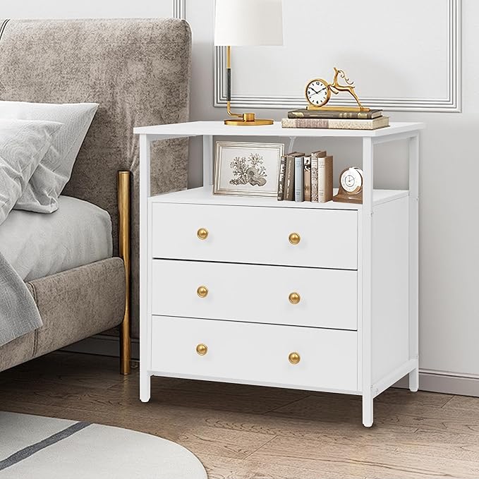 Edbuosy 3 Wooden Drawers Nightstand, 27 Inch Wide Night Stand Set 2 with Charging Station and Adjustable Drawers, Small Dresser for Closet, Bedside Table for Living Room/Bedroom/Office, White.