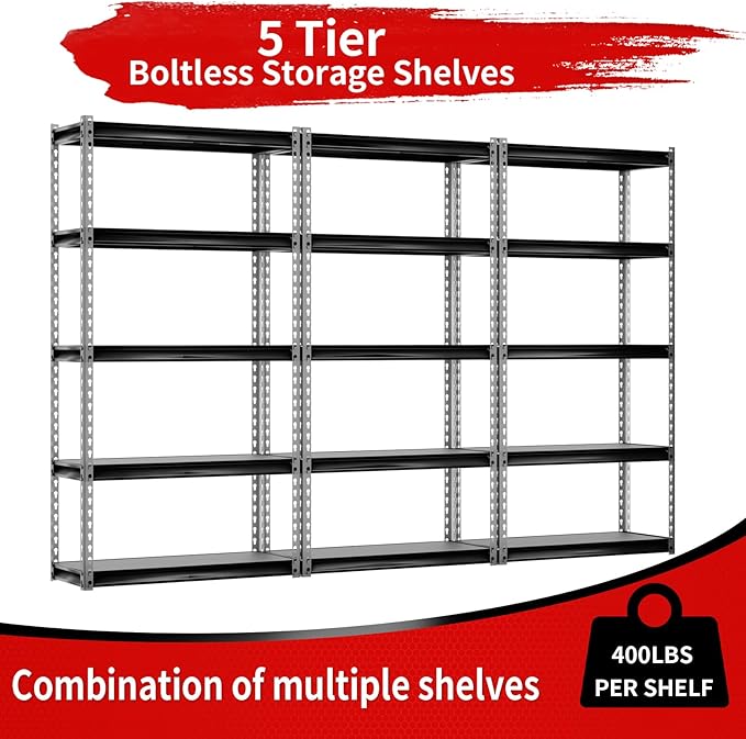 Shuntong The Atlas 30" W Laminated Heavy Duty Metal Shelving Unit 2000 Lbs Boltless Garage Storage Shelves Utility Rack Shelf Warehouse Pantry Shed 30" W x 12" D x 60" H, Black