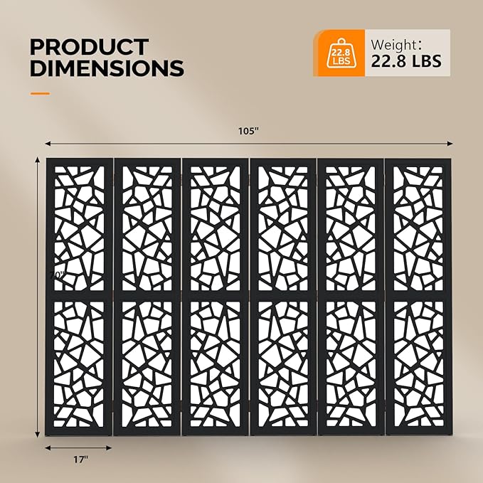 VINGLI 70'' H Room Divider, Non-Woven Fabric Privacy Screen, Indoor Partition Wall Dividers, Freestanding Hinged Space Separator with Modern Unique Pattern (Black, 6 Panel)