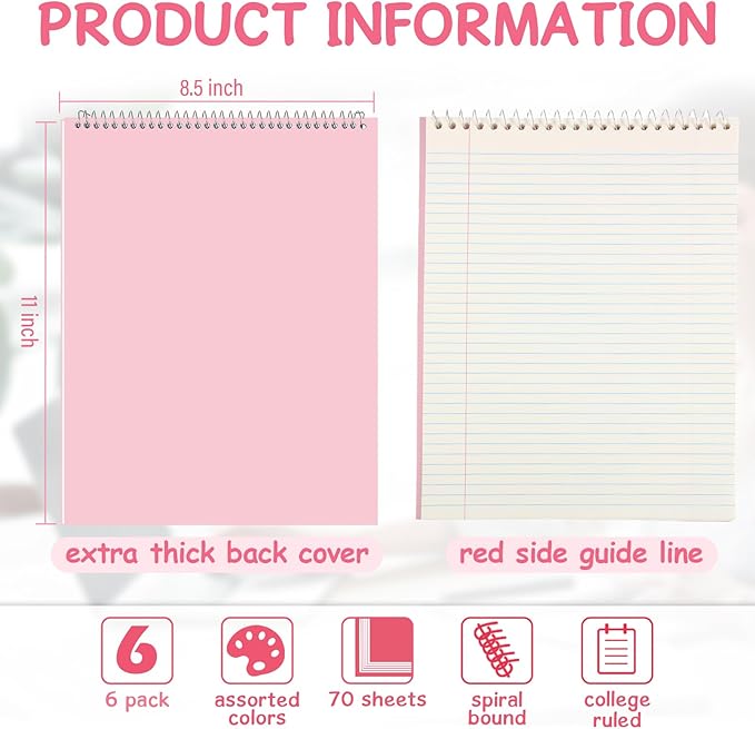 Maitys 6 Pcs Legal Pad Steno Spiral Notebook 8.5" x 11" Top Bound Spiral Pads Hard Cover College Ruled Notepad 70 Sheet Pad for School Office University Home(Macaron Color,Luxurious Style)