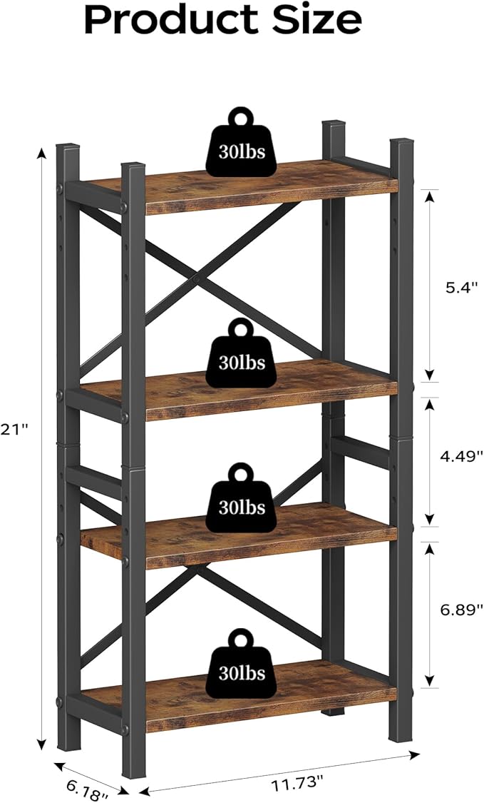 Desktop Bookshelf, 4-Tier Stackable Narrow Bookcase, Adjustable Industrial Desk Organizer & Hutch - Rustic Brown Wood Desktop Book Organizer for Living Room, Bedroom & Home Office