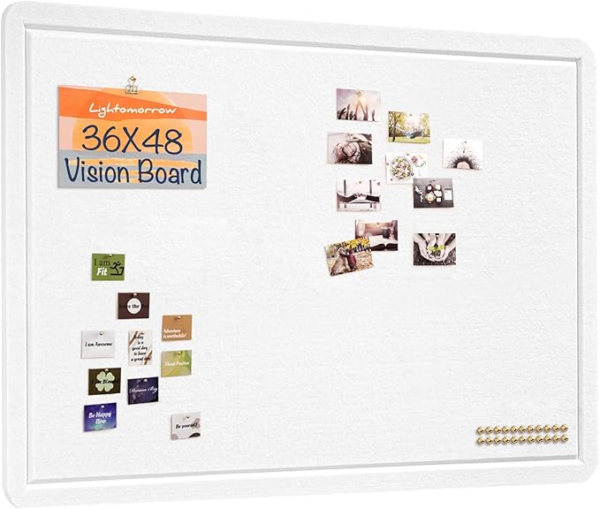 Large Vision Board 48x36, Thicken Felt Pin Board for Home Office Studio and Creative Planning with 20 Pushpins and 20 Postcards, White