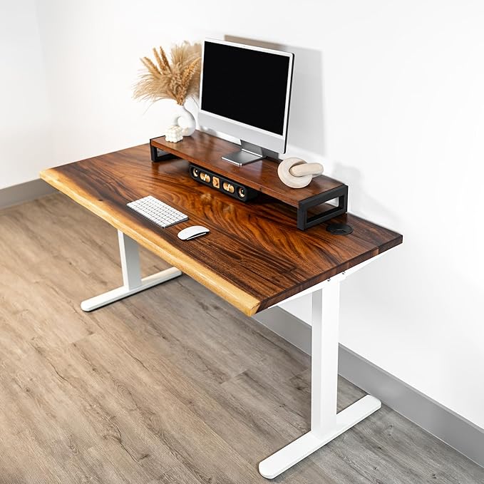 Standing Desk with Monitor Stand – Walnut Solid Wood Desk, Natural Live Edge, Adjustable Height Dual Motor, Sit Stand for Home Office (White, W48 x D27)