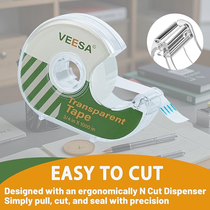 Transparent Tape with Dispenser, 3/4 x 1000 Inches, 12 Rolls Clear Tapes for Craft Jobs, Home & School Supplies