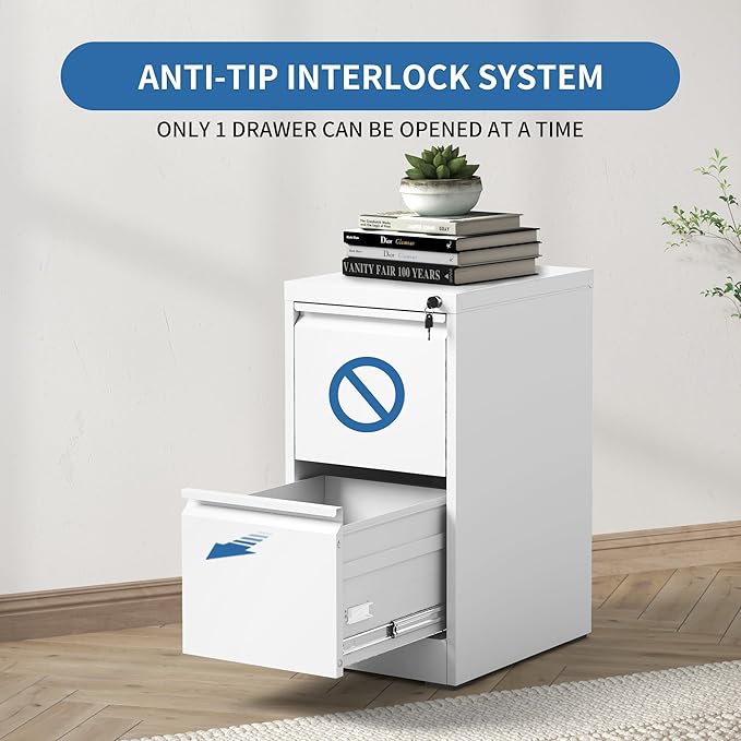 FLIXELIO 2 Drawer File Cabinet with Lock,Metal Vertical Filing Cabinets for Home Office,Heavy Duty File Storage Cabinet for Letter/Legal/A4/F4 Size File,Assembly Require (White, Vertical 2 Drawer)
