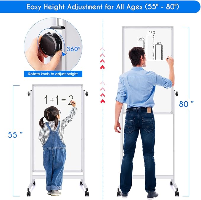 maxtek Rolling White Board, 48 x 24 Height Adjustable Whiteboard on Wheels, Large Magnetic Standing Mobile Easel Board, Double-Sided with Stand for Office, Home, and Classroom