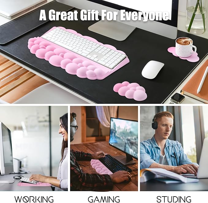 Wrist Rest with Keyboard Stand, Ergonomic Computer Wrist Support Pad, Cloud Keyboard Riser Holder with Wrist Pad, Memory Foam Desk Cushion, Palm Hand Typing for Office Home School-Pink