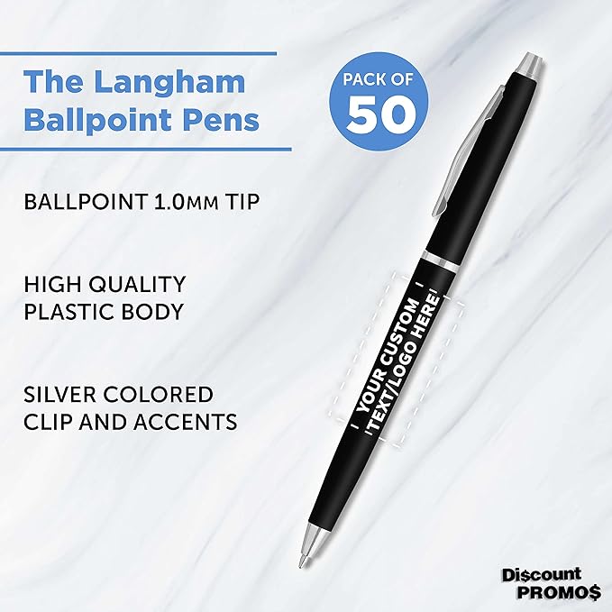 DISCOUNT PROMOS Custom Langham Ballpoint Pens Set of 50, Personalized Bulk Pack - Black Ink, Great for Office, School, Business, Tradeshows - Black