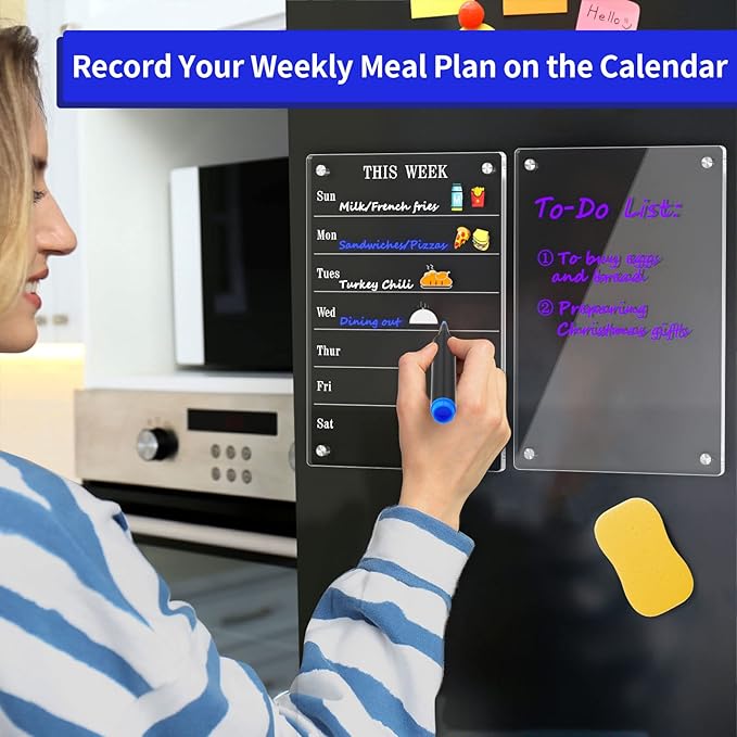 AITEE Acrylic Magnetic Weekly Meal Planner for Fridge, Clear Set of 2 Dry Erase Board Calendar and Memo for Refrigerator Reusable Week Planner, Includes 6 Dry Erase Markers With 3 Colors(8"x12"Inches)