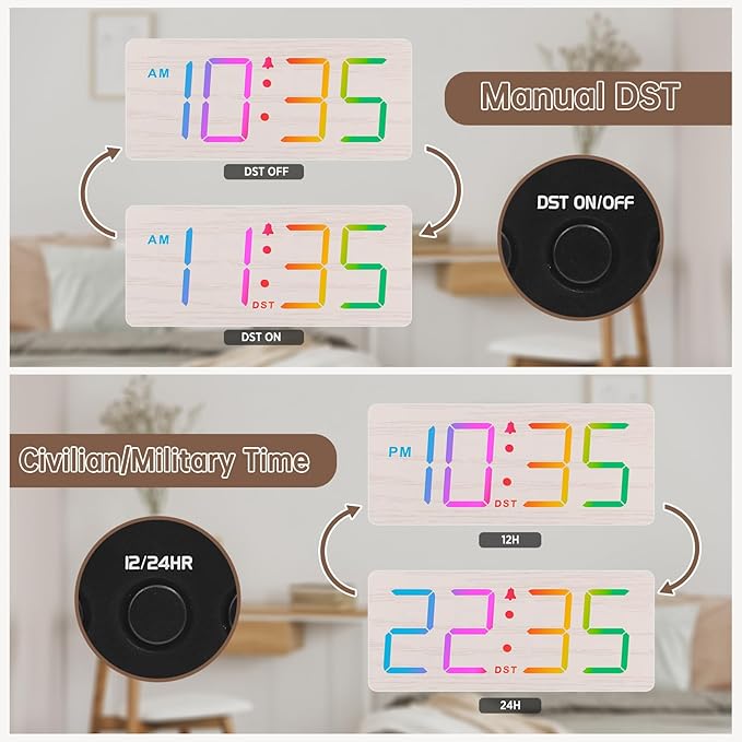 DreamSky Wooden Digital Clock for Bedroom Desk - RGB Loud Alarm Clock for Heavy Sleepers with Volume Control, Large Numbers with Dimmer for Living Room Office, Wood Decor (Plug in Clock)
