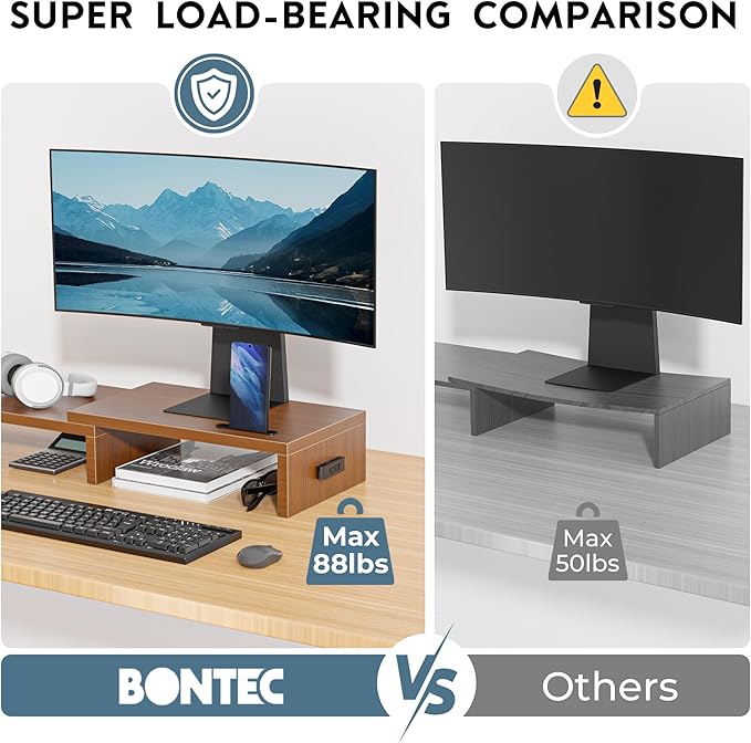 BONTEC Dual Monitor Stand Riser with Smartphone Holder, Adjustable Length & Swivel Angle, Ergonomic Wooden Desktop Organizer for PC Monitor, Laptop, Printer, Large Storage, Walnut