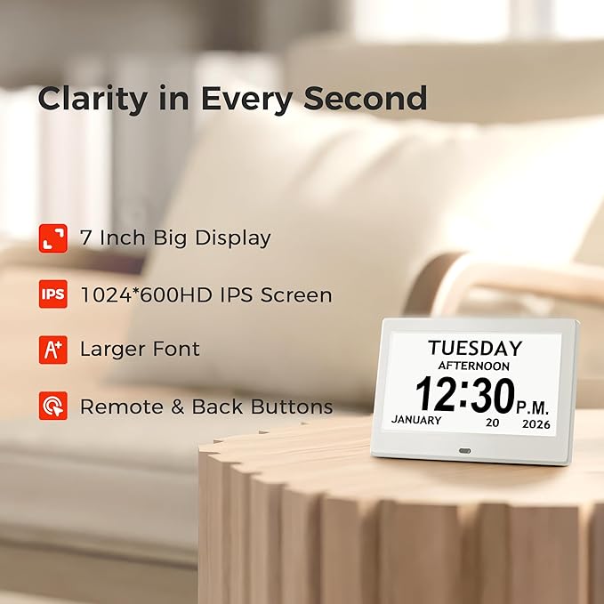 7'' Digital Clock, Dementia Clock With Date And Time, 10 Reminders, 6 Alarms, Auto-Dimming, Auto DST, Remote Control, Large Display Alarm Clock For Seniors, Gifts For People With Dementia, White