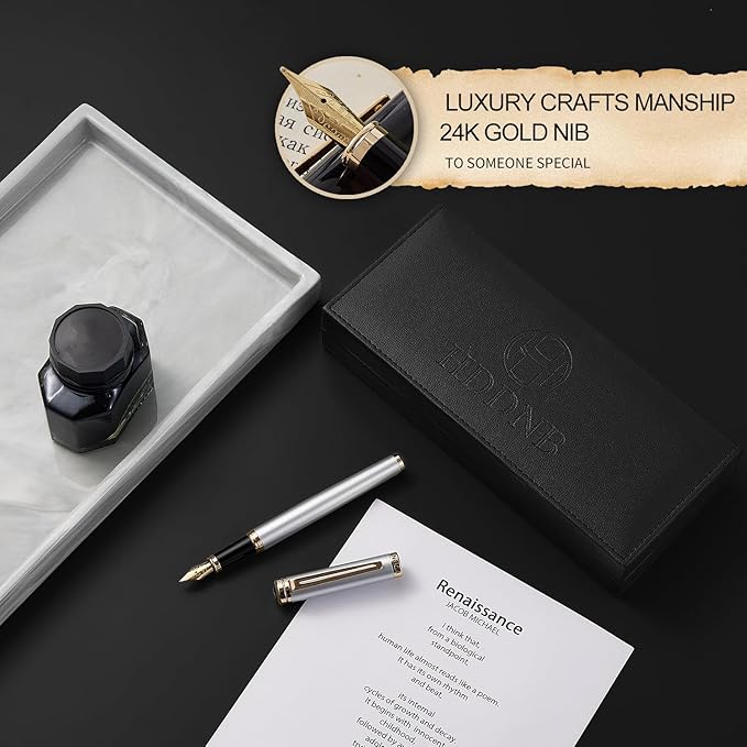 HDDNB Silver Luxury Fountain Pen Set for Men and Women with Gift Box, 24K Gold Finish and Gilded Nib(Medium) with 5 Black Ink Cartridges and Converter