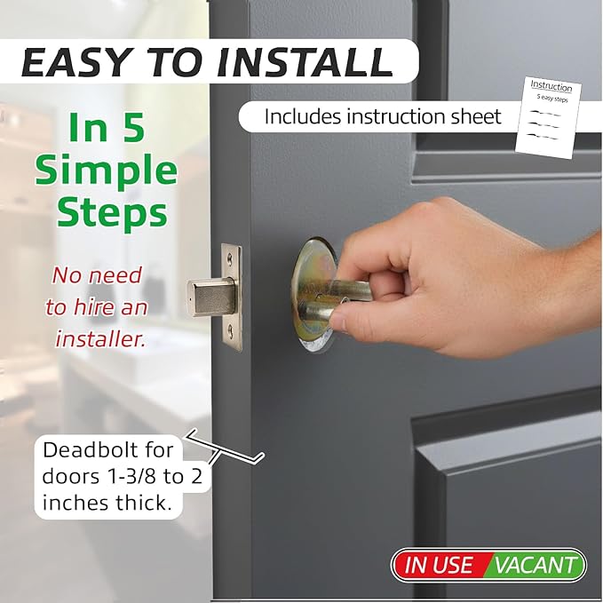 in-Use Vacant Commercial Bathroom Door Lock with Occupied Vacant Door Sign. Privacy Deadbolt with Occupancy Indicator. Privacy Indicator Bolt for Restroom, Meeting Room, Fitting Room- 1pc.