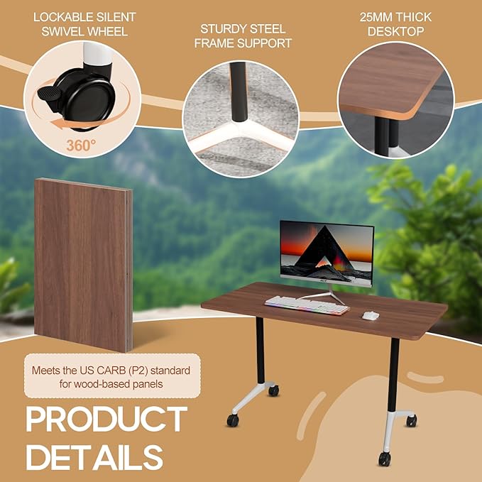 Folding Conference Table 4ft 5ft, Foldable Office Meeting Desk for 6 People, Multiple Sizes Colors Mobile Conference Room Table for Training Room School Business Furniture (6, Walnut, 47in)