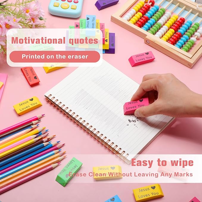 Yaomiao 180 Pcs Bulk Erasers for Kids Pencil Beveled Erasers Colorful Christian Motivational Gifts Bulk for Kids Students Classrooms, Drawing, Back to School (Bright,Jesus Loves You)