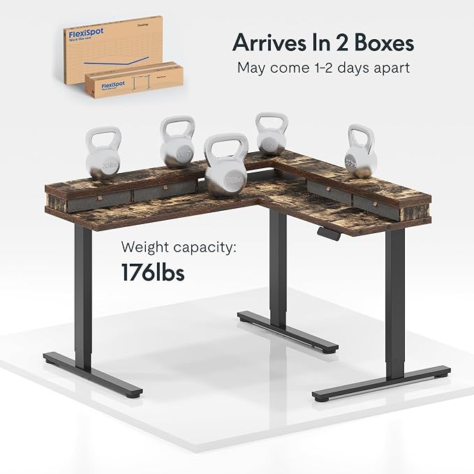 FLEXISPOT 63" L Shaped Standing Desk Electric Corner Table with Shelf, 4 Storage Drawers, Adjustable Computer Workstation for Home, Office, Game, Studio, Rustic Brown Top + Black Frame