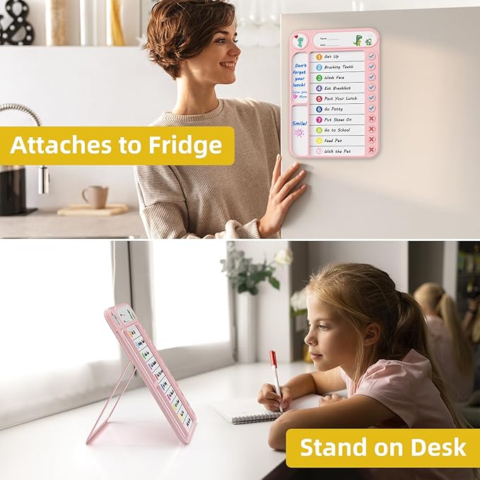 Magnetic Chore Chart for Kids, ADHD Task Tracker Easy-Check Routine Dry Erase Board, to-Do List Planning Tool with Stand for Fridge/Desk/Home/School, 6 Reusable Sheets, 2 Markers
