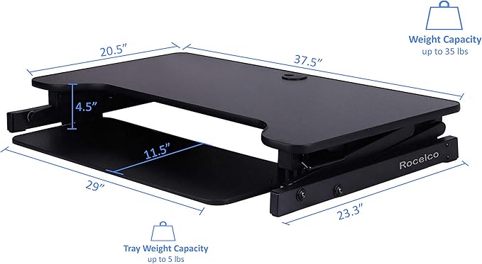 Rocelco 37.5" Height Adjustable Standing Desk Converter with Floor Stand Bundle - Slide Out Retractable Keyboard Tray - Sit Stand Up Dual Monitor Riser - Computer Workstation - Black (R DADRB-STFS)