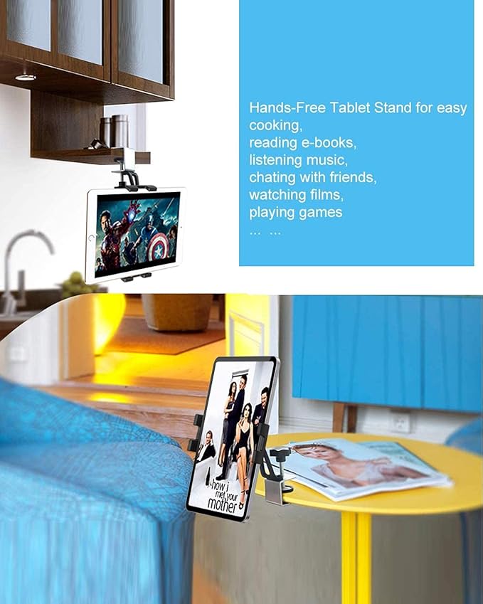 woleyi Kitchen Cabinet Tablet Mount, Easy-Install Under Cabinet Tablet Holder Stand with 360° Adjustable Clamp for iPad Pro Air Mini, Galaxy Tabs, Z Fold, Fire, Surface, Switch, iPhone, 4-13" Devices
