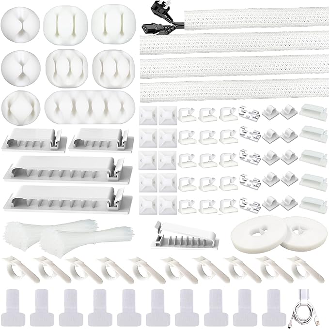 DRIVUU White Cable Management Organizer Kit 4 Cable Sleeve Split,47Cable Clips 12Cord Clips Holder,22 Cable Ties, 20 Adhesive Wall Cable Tie, 200Fasten Cable Ties for TV Electronics