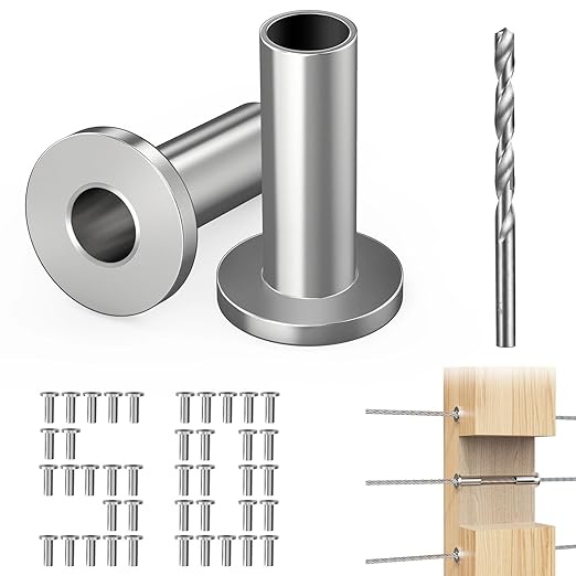 Steel DN Mate 50 Pack Stainless Steel Protector Sleeves for 1/8" 5/32" or 3/16" Cable Railing, Cable Protector Sleeves for Deck Railing System,T316 Cable Railing Hardware with a Drill Bit, DK05