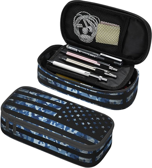 YIJIUWKIS American Flag Style Pencil Case for Kids Adults, Camo Pencil Box for Boys Girls, Blue Pencil Pouch Big Capacity Portable Stationery Storage Desk Pen Bag for School Office