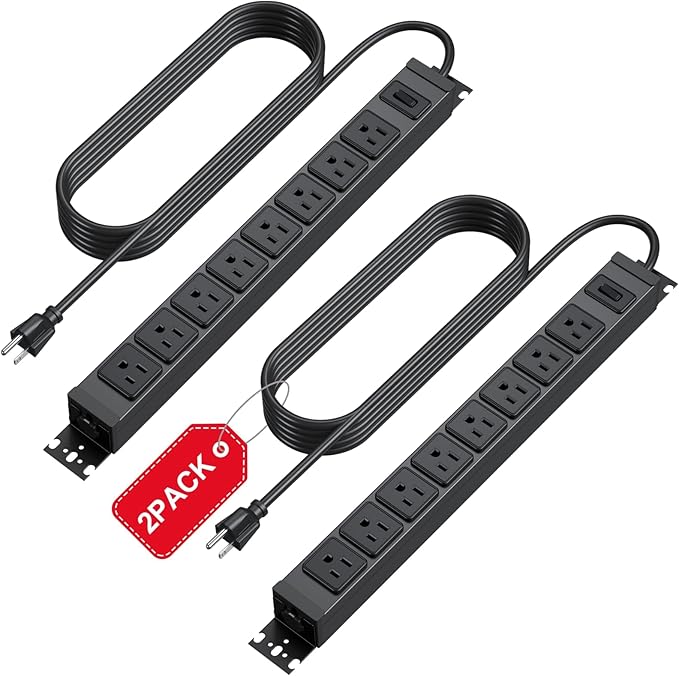 HHSOET 2 Pack Metal 360° Rotating Mountable Power Strip, 8 Outlet Gaming Table Mounted Long Power Strip, Heavy Duty Wall Mount Surge Protector with Switch, 15A 125V 1875W, 15ft Power Cord.(Black)