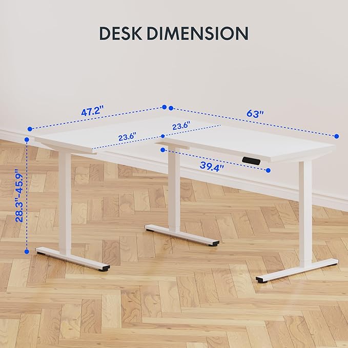 FLEXISPOT L Shaped Standing Desk, 63 x 47 Inch Electric Height Adjustable Corner Desk, Sit Stand Computer Workstation, Preset Controller, Home Office, White Frame with White Top, White Drawer