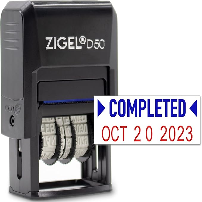 ZIGEL D50 Date Stamp with Completed - Self Inking Date Stamp - Blue/Red