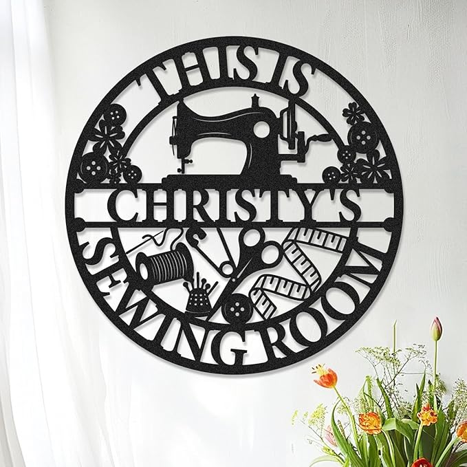 Personalized Metal Sewing Sign Wall Art Custom Sewing Room Name Signs Mother's Day Mom Grandma Gift, Customized She Shed Craft Room Decor Quilting Sign with Last Name & Text
