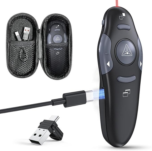 Presentation Clicker with Case Storage: PowerPoint Wireless Presenter Remote USB Type C Rechargeable Red Laser Pointer Clickers for Computer Project Mac PPT Slideshow Google Slide Advancer