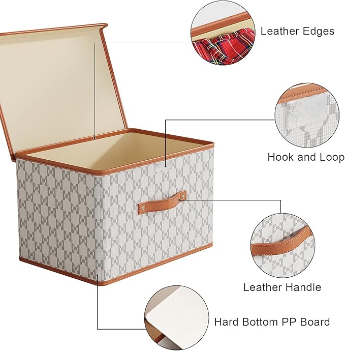 Tuza 2 Pack Fabric Storage Bins with Lids, Collapsible Closet Organizer Container, Decorative Storage Boxes with Lids for Organizing Clothes, Blanket, Grey & White, Extra Large