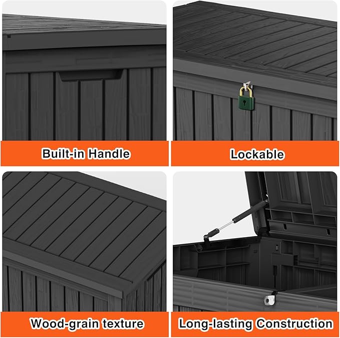 Decksplore Outdoor Storage Box Waterproof Large, 180 Gallon Lockable Resin Deck Box, Patio Storage Bin for Pool Accessories Cushion Furniture, Garden Tools, UV-Resistant Outside Delivery, Black