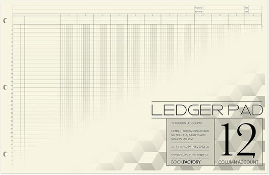 BookFactory Ledger Pad/Large 12 Column Accounting Ledger Columnar (Twelve Columns) Pads - 17'' x 11'', 50 Pages, Notepad Landscape Format (Made in USA)