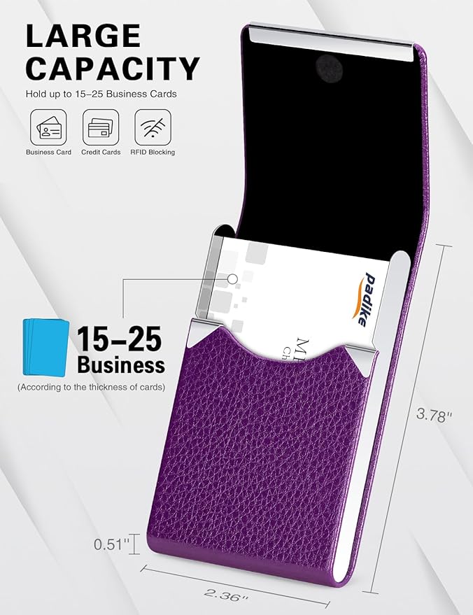Padike PU Leather Business Card Holder for Women Slim Pocket Business Name Card Holder Stainless Steel Business Card Case with Magnetic Shut (Purple)