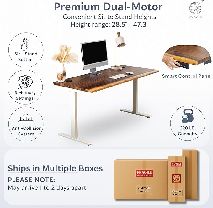 Standing Desk with Monitor Stand – Walnut Solid Wood Desk, Natural Live Edge, Adjustable Height Dual Motor, Sit Stand for Home Office (White, W60 x D27)