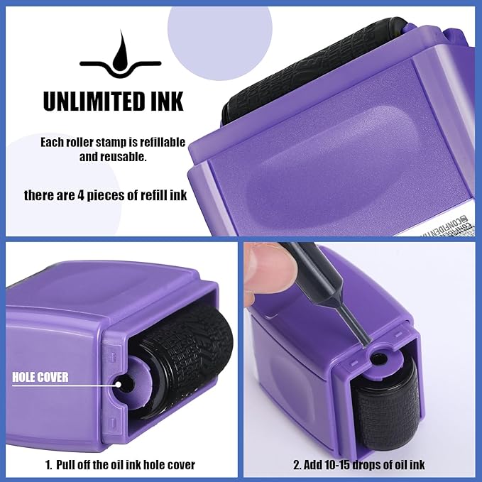 Nezyo 2 Pack Identity Protection Roller Stamp Identity Theft, Confidential, Privacy Roller Stamp Information Blocker and 4 Pack Refill Ink for ID Account Data Address Security(Purple)