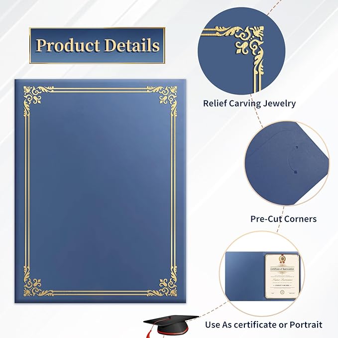 12 Packs Certificate Covers,Navy Blue Cardboard Diploma Cover,Certificate Holders Gold Foil Border,for Letter Size 8.5 x 11 Inch Awards and Certificates