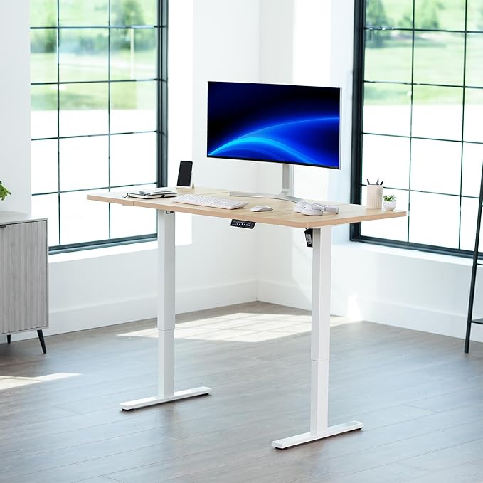 VIVO Electric 60 x 30 in Standing Desk, Memory Height Adjustment, 1B Series, Holds 220 lbs, Light Wood Top White Frame, DESK-KIT-1W6C-30