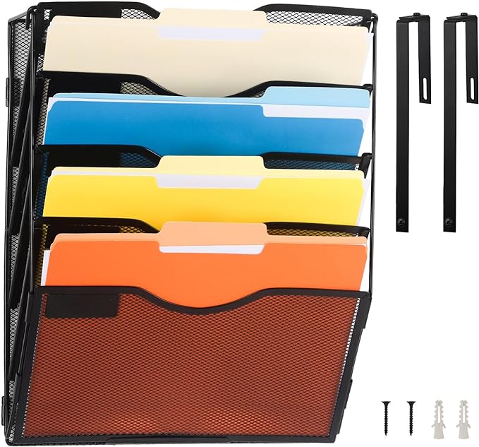 EASEPRES 5 Pocket Mesh Hanging Wall File Organizer with Hangers & Nametag Label, Wall Mounted Mail Paper Document Folder Holder, Clipboard Storage Organization Magazine Rack for Office Cubicle, Black