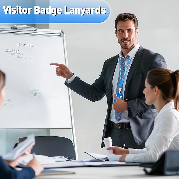 Visitor Badge Lanyards Volunteer Badge Holder with Clips (25 pcs) - Reusable Temporary ID Pass for Office, School, Events PVC Plastic Security Cards for Exhibition Guest by OSTENBIG (Light Blue)