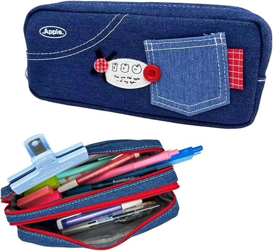 Haumei Canvas Pencil Case Large Capacity, Big Denim Pen Pouch with Zipper, Cute Durable Portable Stationary Storage Bag Organizer for Adults Women, Dark Blue, Button